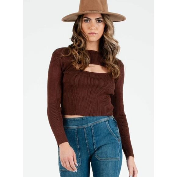 Lucca Women’s Size Medium Brown Chella‎ Ribbed Sweater Peek A Boo Cutout Top - Picture 1 of 7